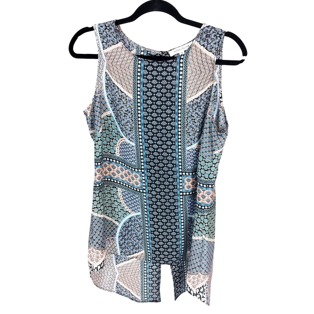 Rose + Olive Geometric Paisley Print Sleeveless Top Womens Medium Blue Multi
